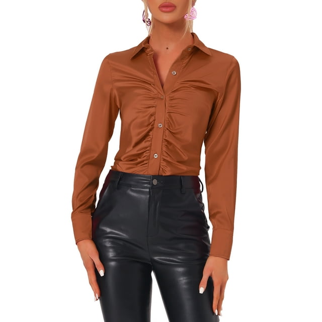 INSPIRE CHIC Blouse en Satin pour Femmes Manches Longues Mode Col Pointu Chemise à Boutons L Café