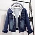 thumbnail image 3 of comerut Women Winter Jacket Hooded Solid Color Long Sleeves Detachable Hat Thick Keep Warm Single-breasted Plus Size Plush Denim Winter Coat for Daily Wear, 3 of 7