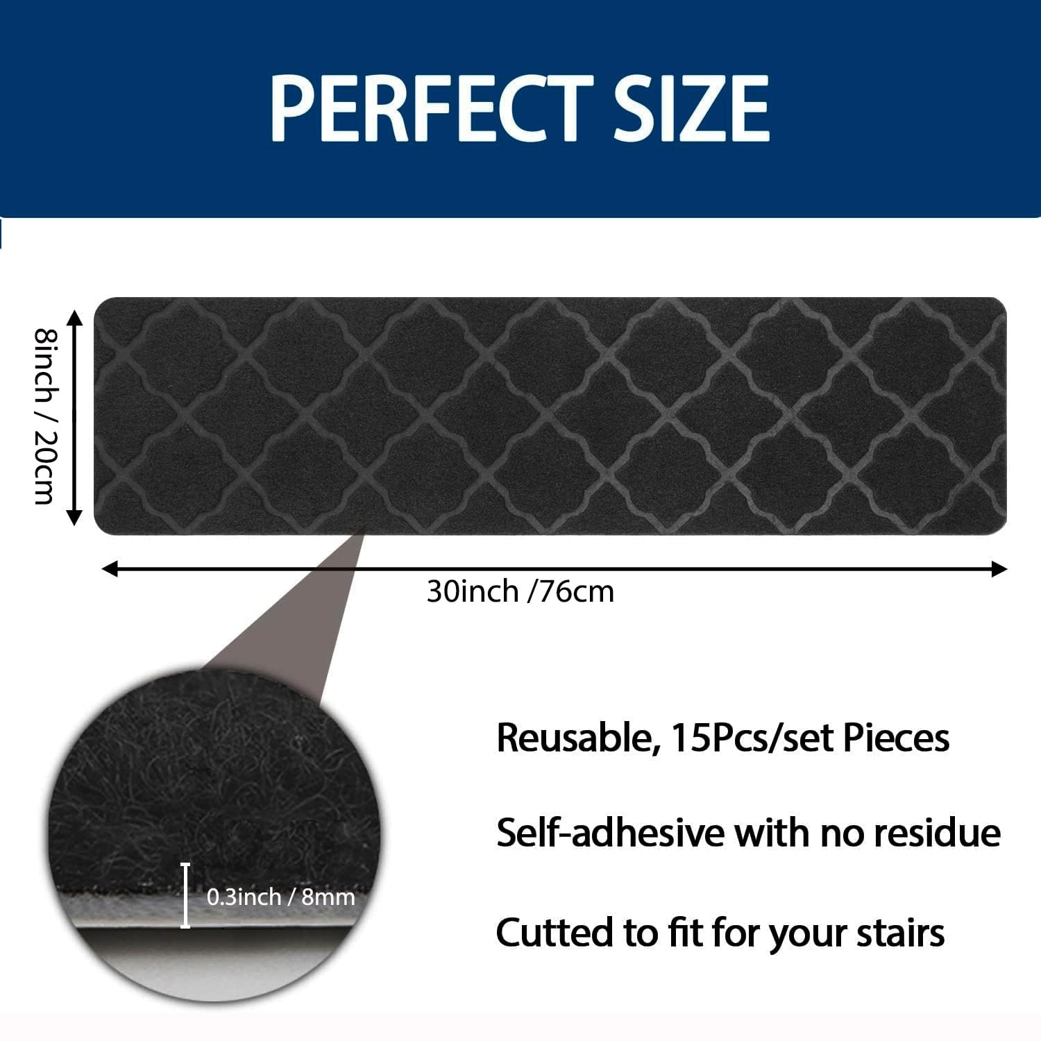 Kaskawise Carpet Stair Treads for Wooden Steps Indoor with Self Adhesive, Black Stair Carpet Treads Grip Strip, 15 Pack Stair Pads Staircase Step Treads for Elders, Kids, Pet Dog