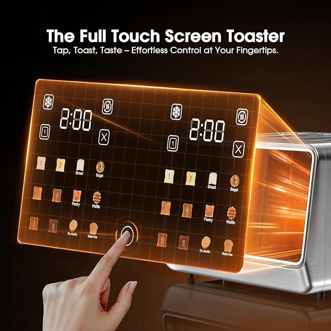 Toaster 4 Slice, Digital Smart Toaster With TouchScreen, Dual Control Panel, Single Slot Toasting, Timer, Reheat & Defrost For Bagels, Bread, Waffles, Stainless Steel Kitchen Essentials