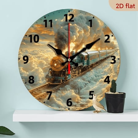 A 10-inch 2D flat wooden round wall clock, themed Vintage Steam Train in Clouds. Fits bedroom, living room, office decoration. Excellent Mother's Day or occasion gift.