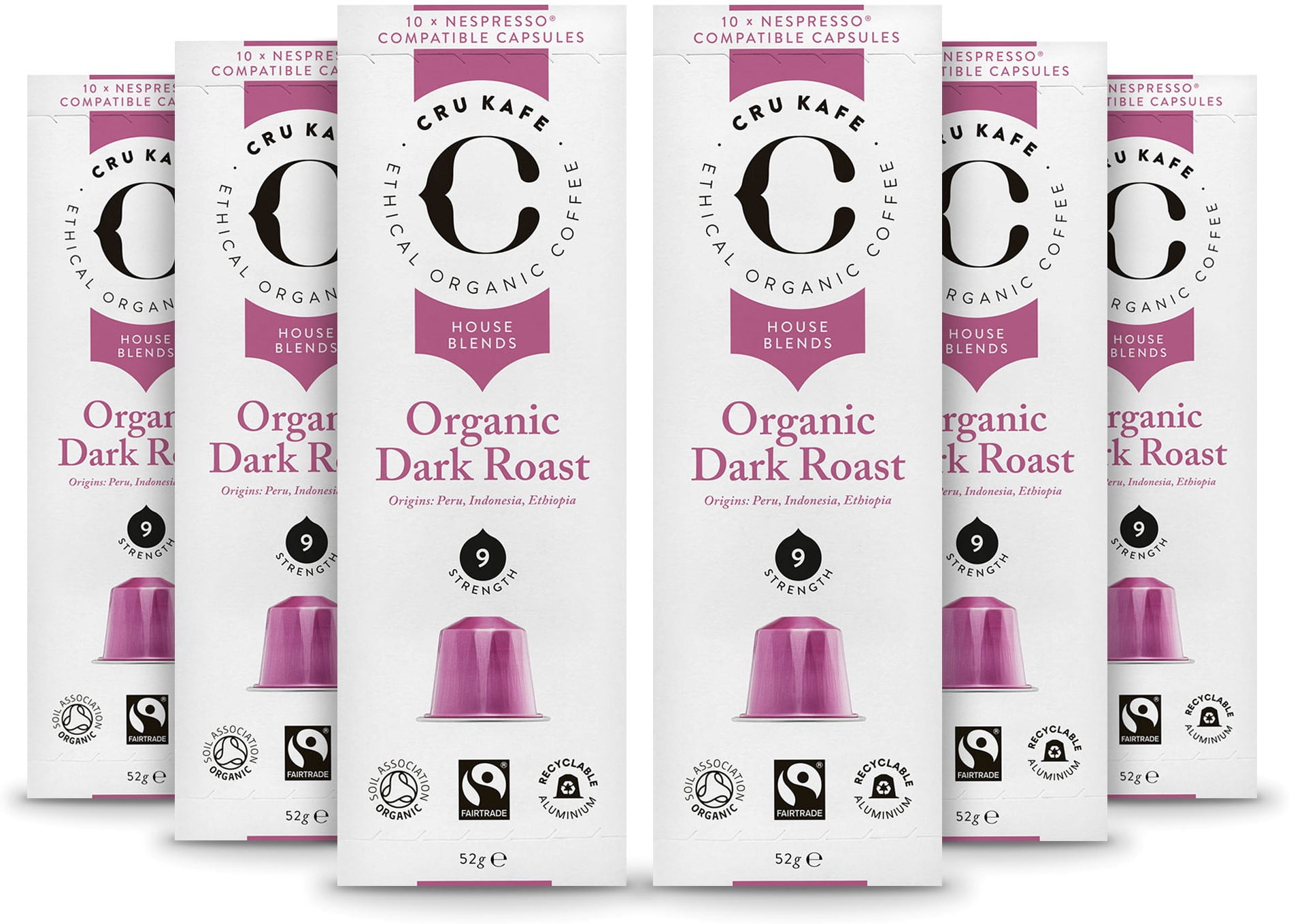 CRU Kafe Organic Nespresso Compatible Coffee Capsules, (6 Boxes, 60 Pods) -