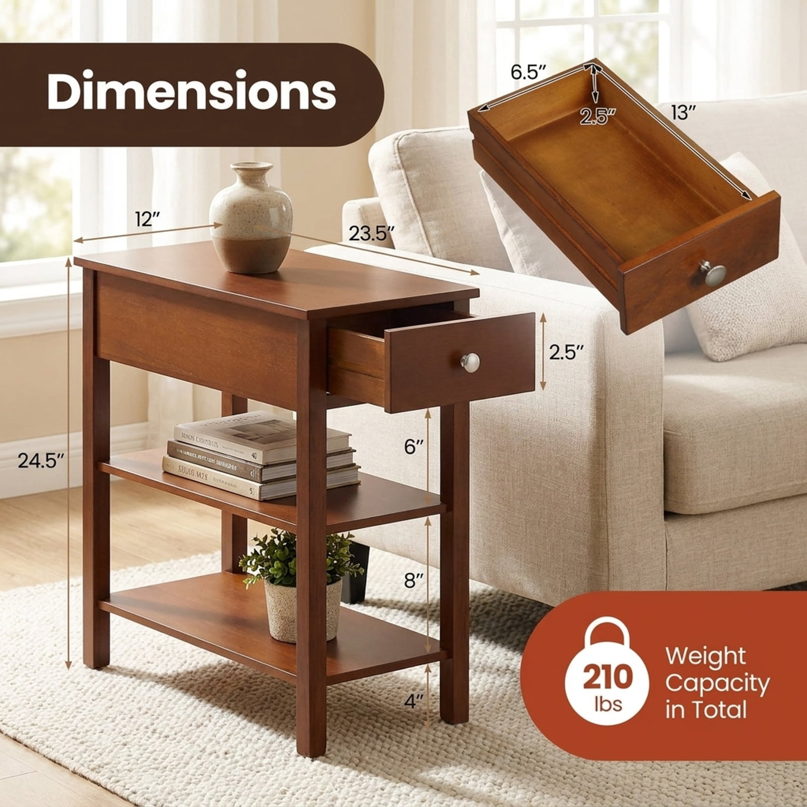 Furnibear 3 Tier Narrow End Table Set of 2 with Pull Out Drawer and Open Storage Shelves and Rubber Wood Legs for Living Room, Brown