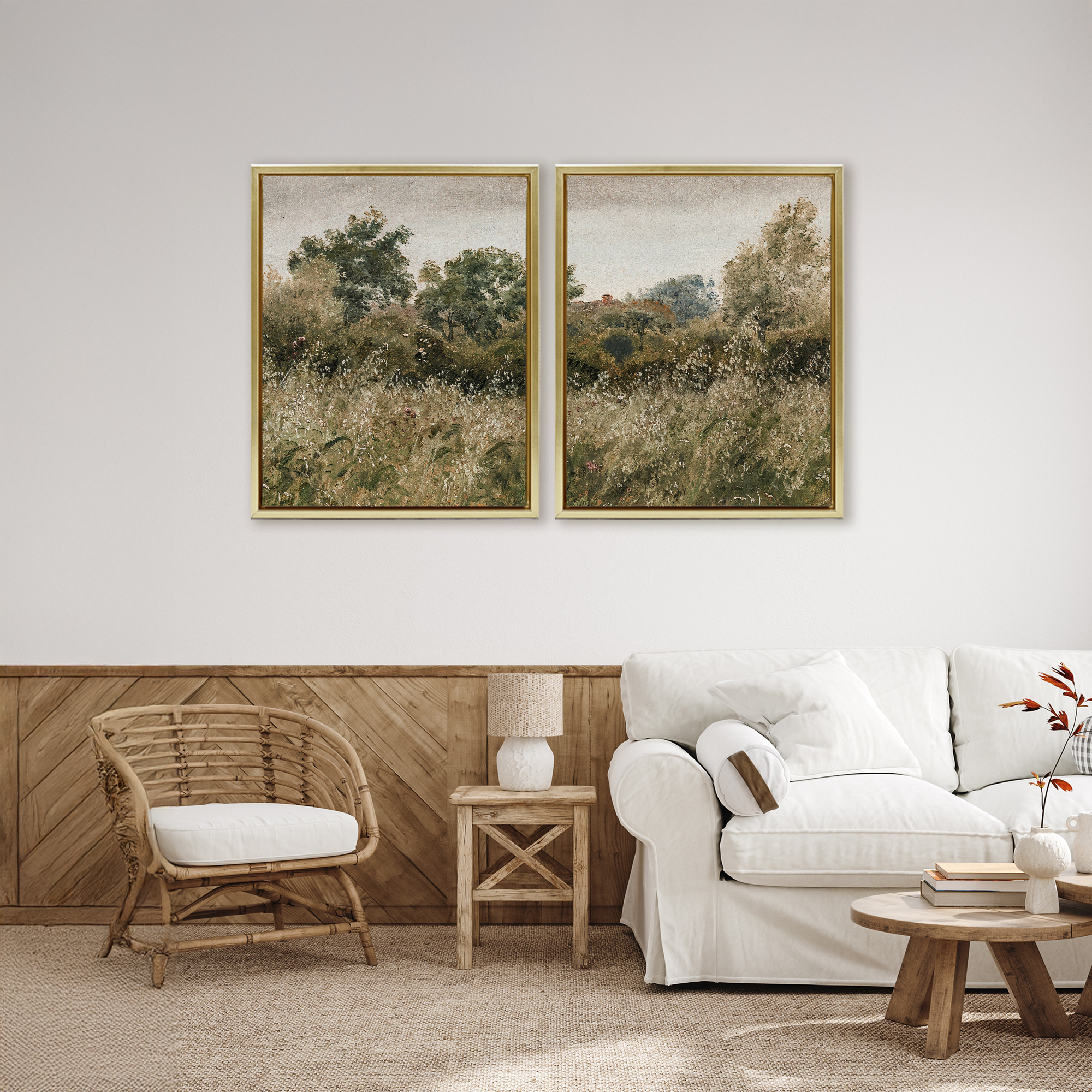Rural Foliage Thicket 2 Piece Gold Framed Floater Canvas Set, design by Lettered and Lined