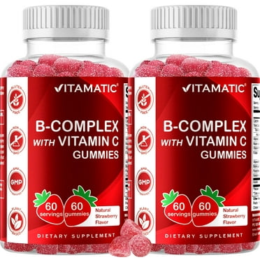 Vitamatic Vitamin B Complex Gummies with Vitamin C & Inositol - Natural Strawberry Flavor - 60 Gummies (2 Bottles
