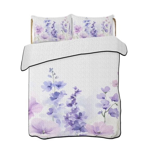 Spring Floral Quilts Bedding Set Full Size Idyllic Purple Lavender Lightweight Quilted Bedspread 3 Piece Bed Quilt with 2 Pillow Shams All Season for Bedroom 68" x 98"