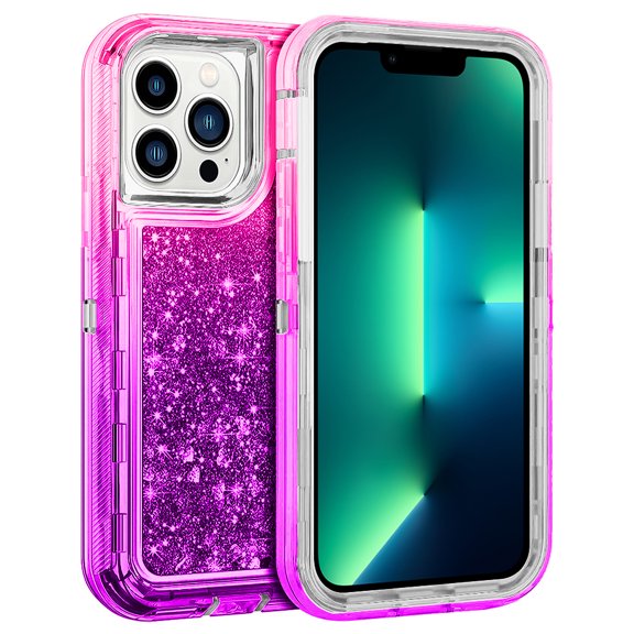 For Apple iPhone 14 Pro 6.1 inch Dual Layer Protective Shockproof Tough Defender Sparkling Liquid Glitter Heart Case Cover Pink/Purple