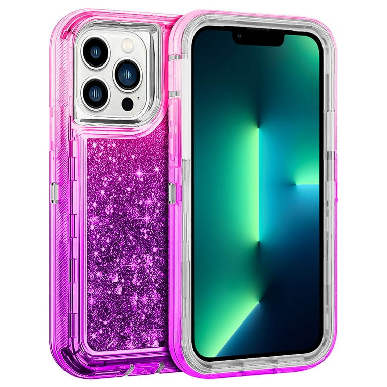 Kuteck for Apple iPhone 13 Pro 6.1 inch Tough Defender Sparkling Liquid Glitter Heart Case Cover Pink/Purple