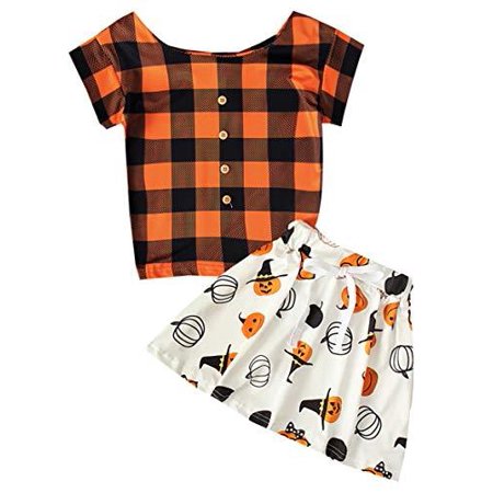

StylesILove Baby Girls Orange Buffalo Check Short Sleeve Top with Pumpkin Skirt 2pcs Halloween Outfit