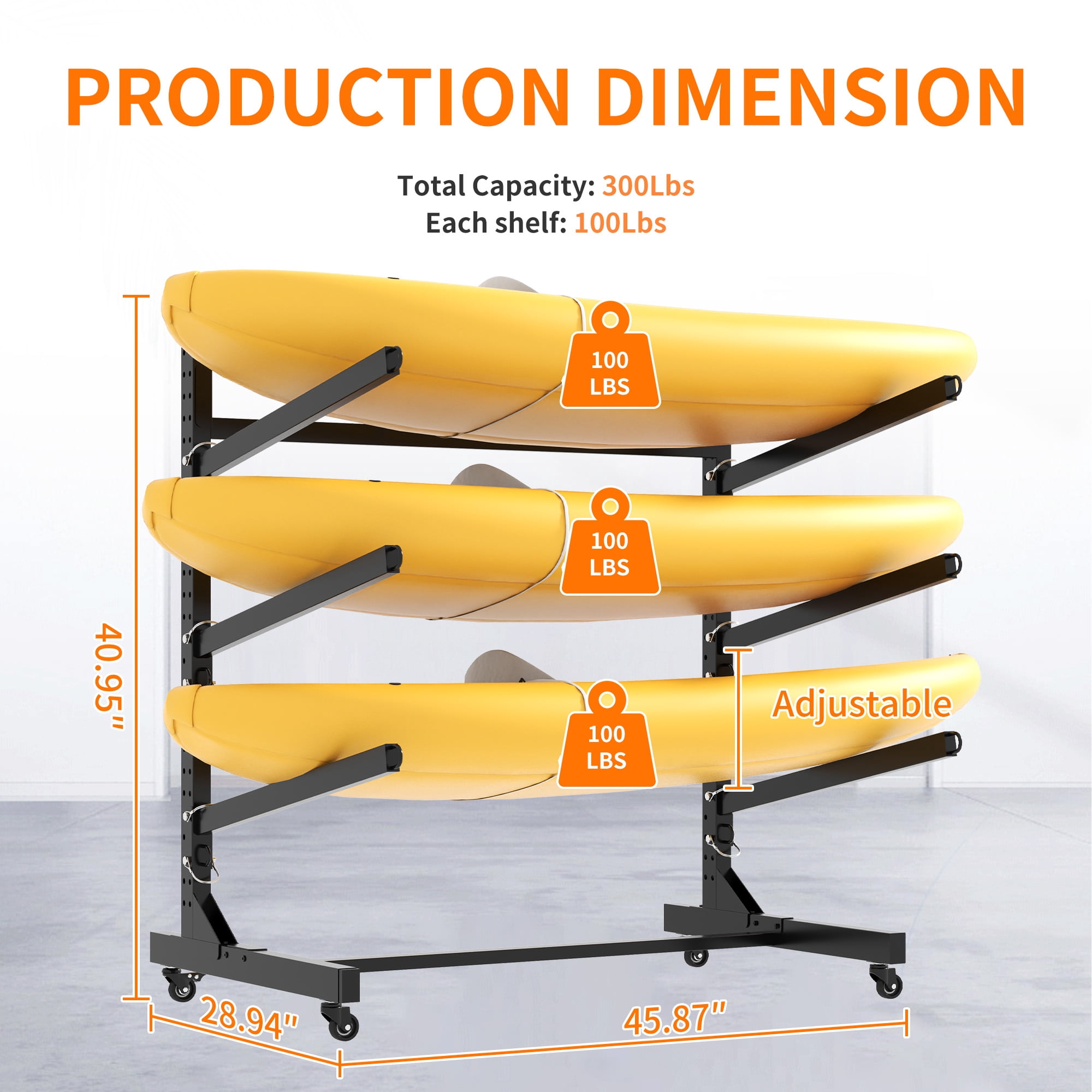 Freestanding Outdoor Kayak Storage Rack Hold 3 Kayaks Heavy Duty Adjustable Stand with Lockable Wheels for Kayak SUP Surfboard Canoe