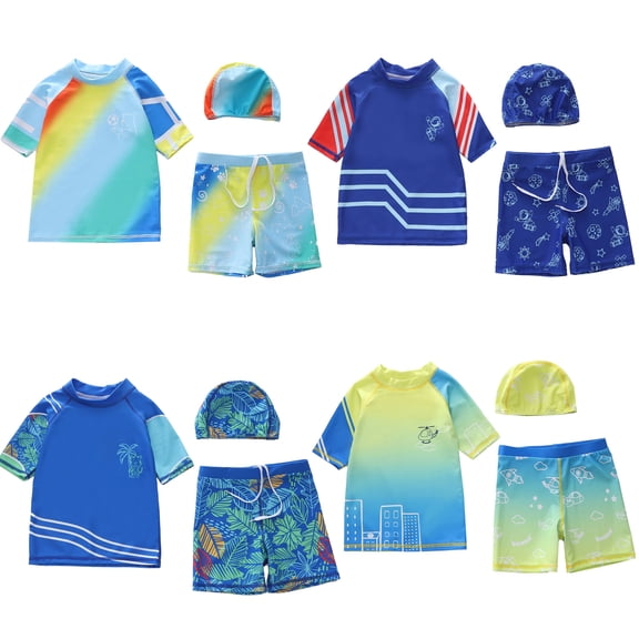 Bellafa Boys Two Piece Rash Guard Swimsuits Set with Swim Trunk Kids Short Sleeve Bathing Suit Swimwear Set With Hat