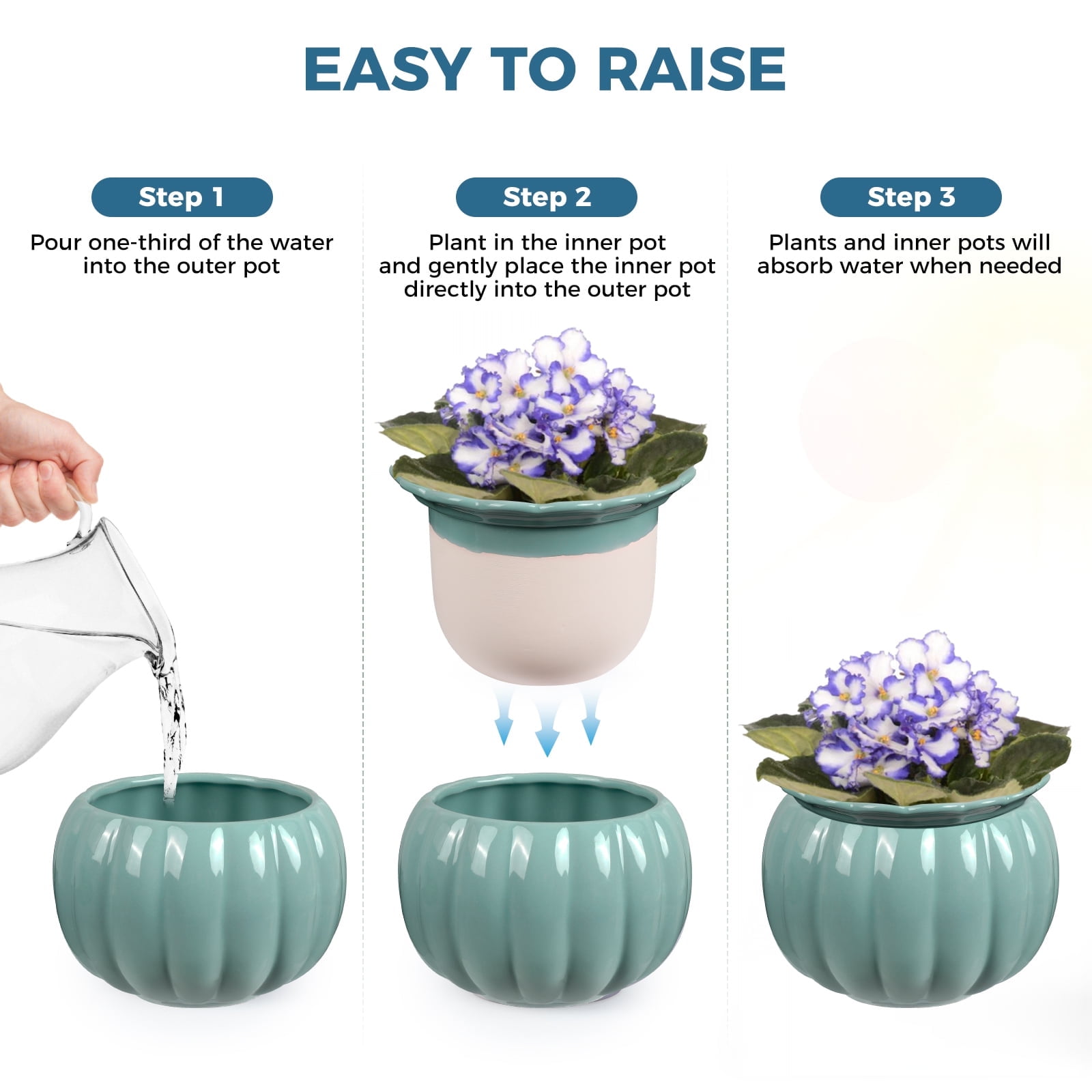 BUYMAX 6 in. Ceramics Self-Watering Planter,African Violet Pot for Beginners & Busy Plant Owners,Pumpkin Blue