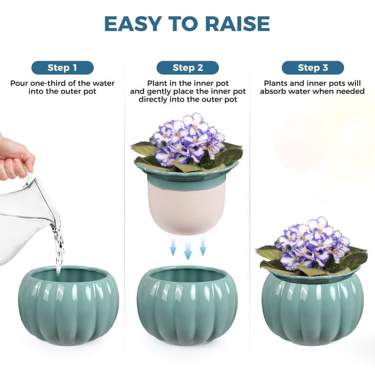 BUYMAX 6 Inch Self-Watering Ceramic Planter, Pumpkin Blue photo 3