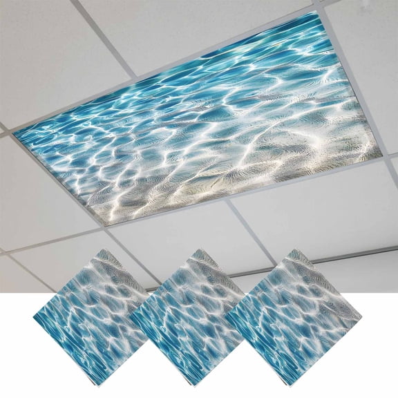 Fluorescent Light Covers for Ceiling Lights Classroom, Blue Coastal Ocean Magnetic Ceiling Light Cover Filter for School,Office, 2X4 FT, Pack of 3, Sea Water Wave