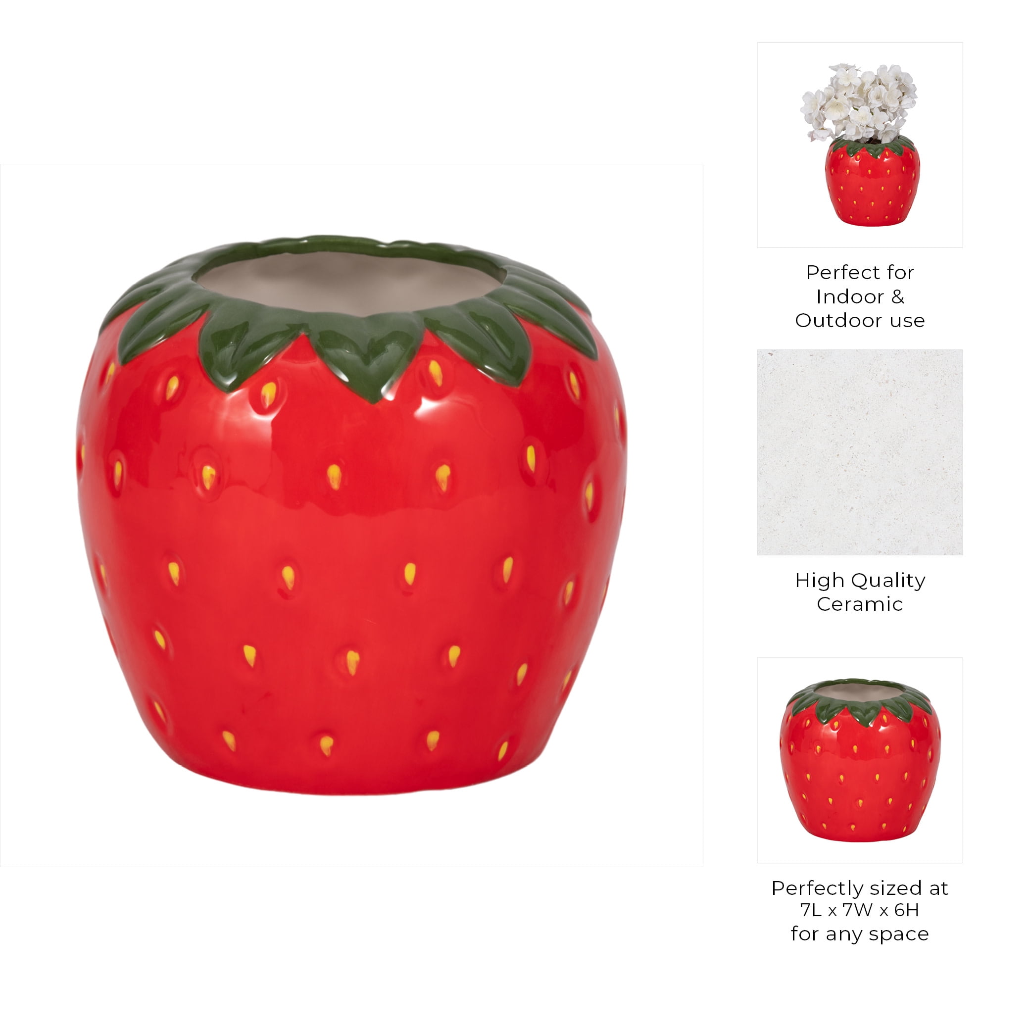 Strawberry-Shaped Flower Pot for Home Decor - Decorative Ceramic Planter for Outdoor, Indoor Plants, and Garden Display - Stoneware Planter for Patio, Entryway, Shelf, and Balcony - 6", Red & Green
