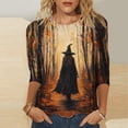 thumbnail image 2 of WMTBSRSW Womens Fall Shirts Halloween Crewneck 3/4 Length Sleeve Witch Silhouette Tops Loose Casual Graphic Tee Spooky Season Tees, 2 of 5