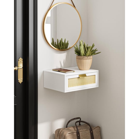 Wall Mounted Floating Shelf with Rattan Drawer, Compact Floating Nightstand for Small Spaces
