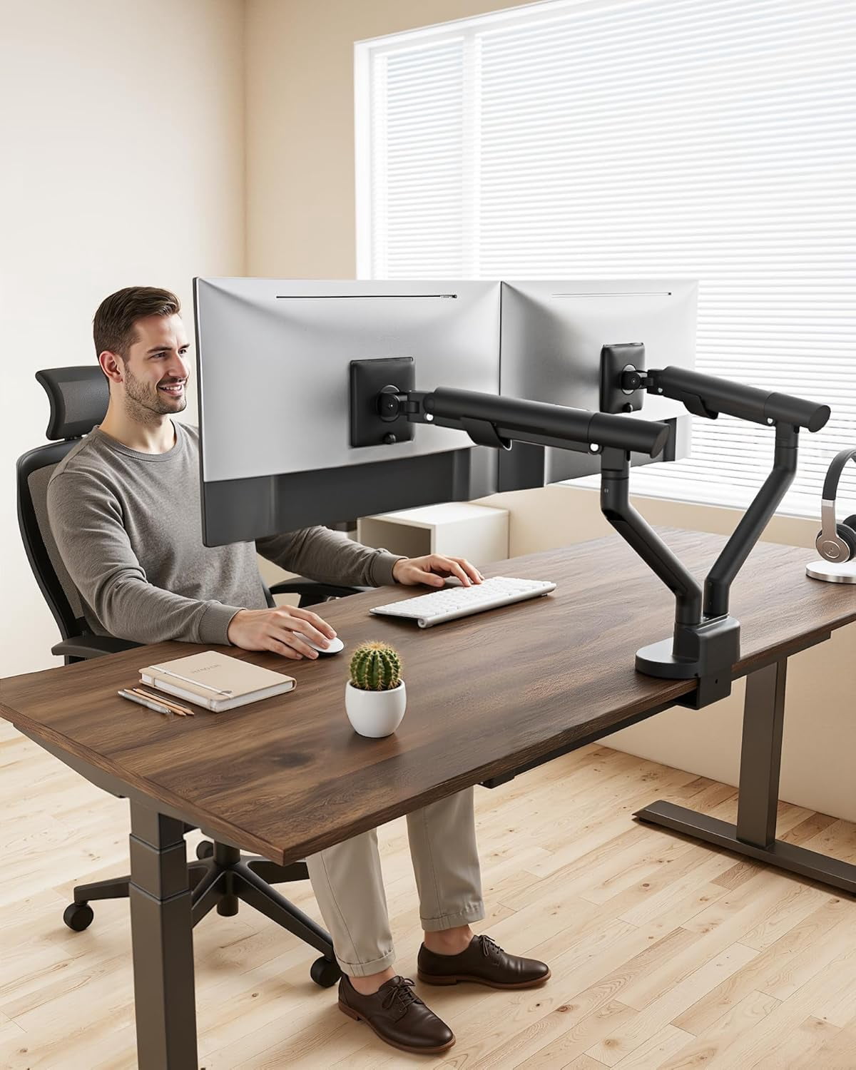 monTEK Dual Monitor Stand with USB-C & USB-A 3.0 Ports, for 2 Screens up to 35 inches – Full Motion Adjustable Monitor Arm, Heavy Duty C-Clamp/Grommet Mount, 24.25lbs per Arm, Black