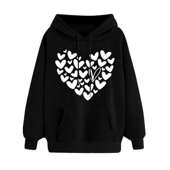 LMKIHUSA Women's Cute Print Hoodies Casual Winter Pullover Sweatshirts Long Sleeve Drawstring Heart Print Tops with Pockets Black,L