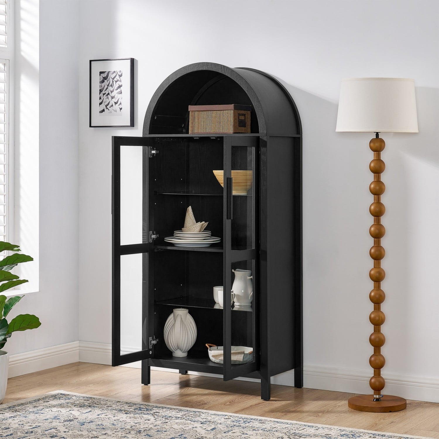 67" Tall Storage Cabinet with LED Light, Arched Top Display Cabinet with Adjustable Glass Shelves and Wooden Doors, Modern Freestanding Storage Cupboard for Kitchen Living Room, Black