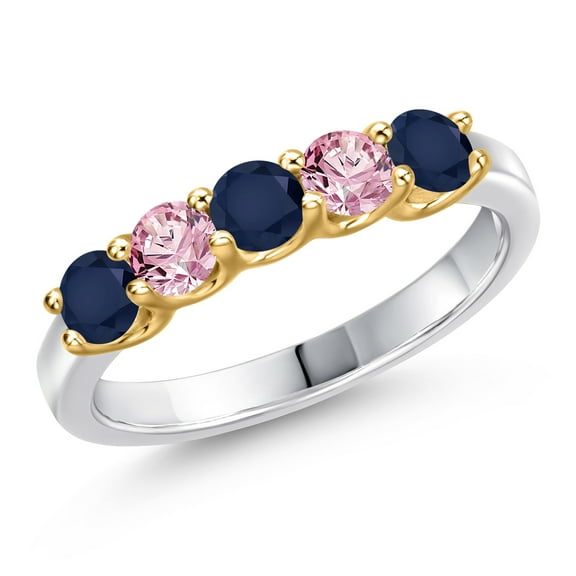 Gem Stone King 10K Two Tone Gold Blue Sapphire and Pink Lab Grown Diamond Wedding-Bands Ring for Women | 1.02 Cttw | Round 3.5MM | Gemstone September Birthstone | Size 6