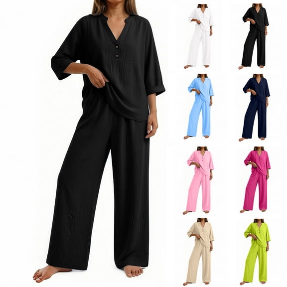 Women's Casual Set V-Neck Button Top and Wide Leg Pants Loose Casual Outfit for Summer Home Beach and Daily Commute