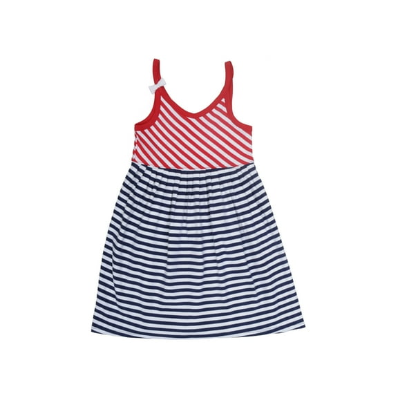 Kidsy Toddler Baby Girls Nautical Striped Peruvian Cotton Dress – Strappy, Loose-Fit, Long Skirt, Whte/Crimson/Midnight, 3