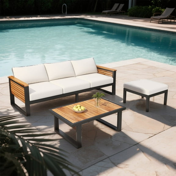 3-Piece Acacia Wood Patio Conversation Set - Weather-Resistant Outdoor Sofa with Ottoman & Side Table