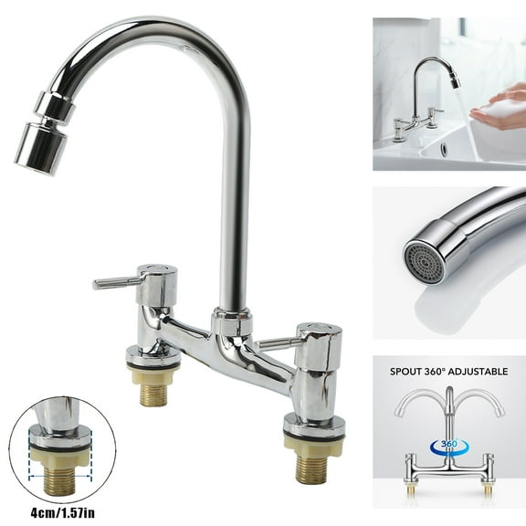 Kitchen Sink Faucet 2 Handle, High Arc Kitchen Faucets 360-Degree Swivel Spout Hot & Cold Faucet 2 Hole for Utility Laundry Farmhouse Bar Sink Mixer Tap, Silver