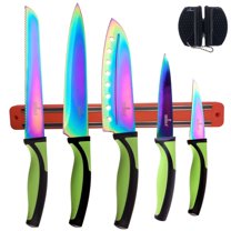 Kitchen Knife Set Titanium Coated Blades Magnetic Wall Rack & Portable Sharpener