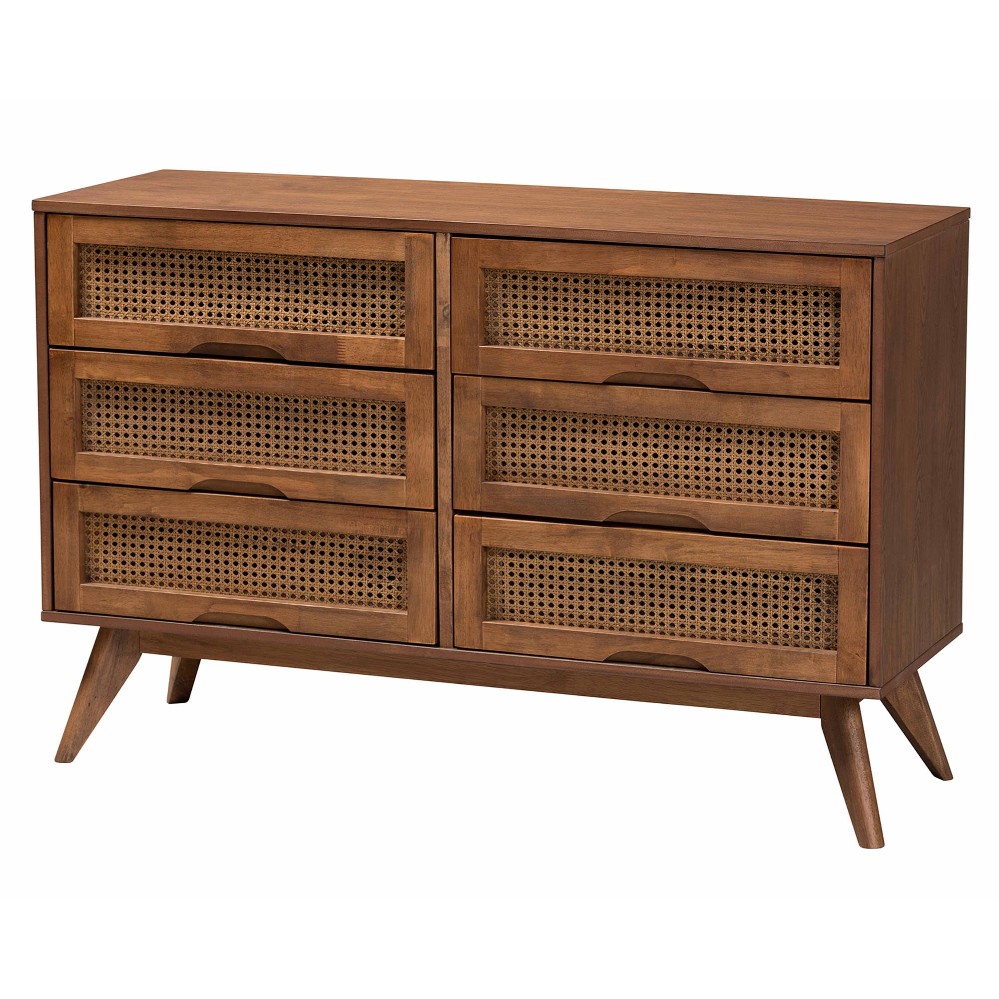 Baxton Studio Melora Mid-Century Modern Walnut Brown Finished Wood and Rattan Queen Size 5-Piece Bedroom Set
