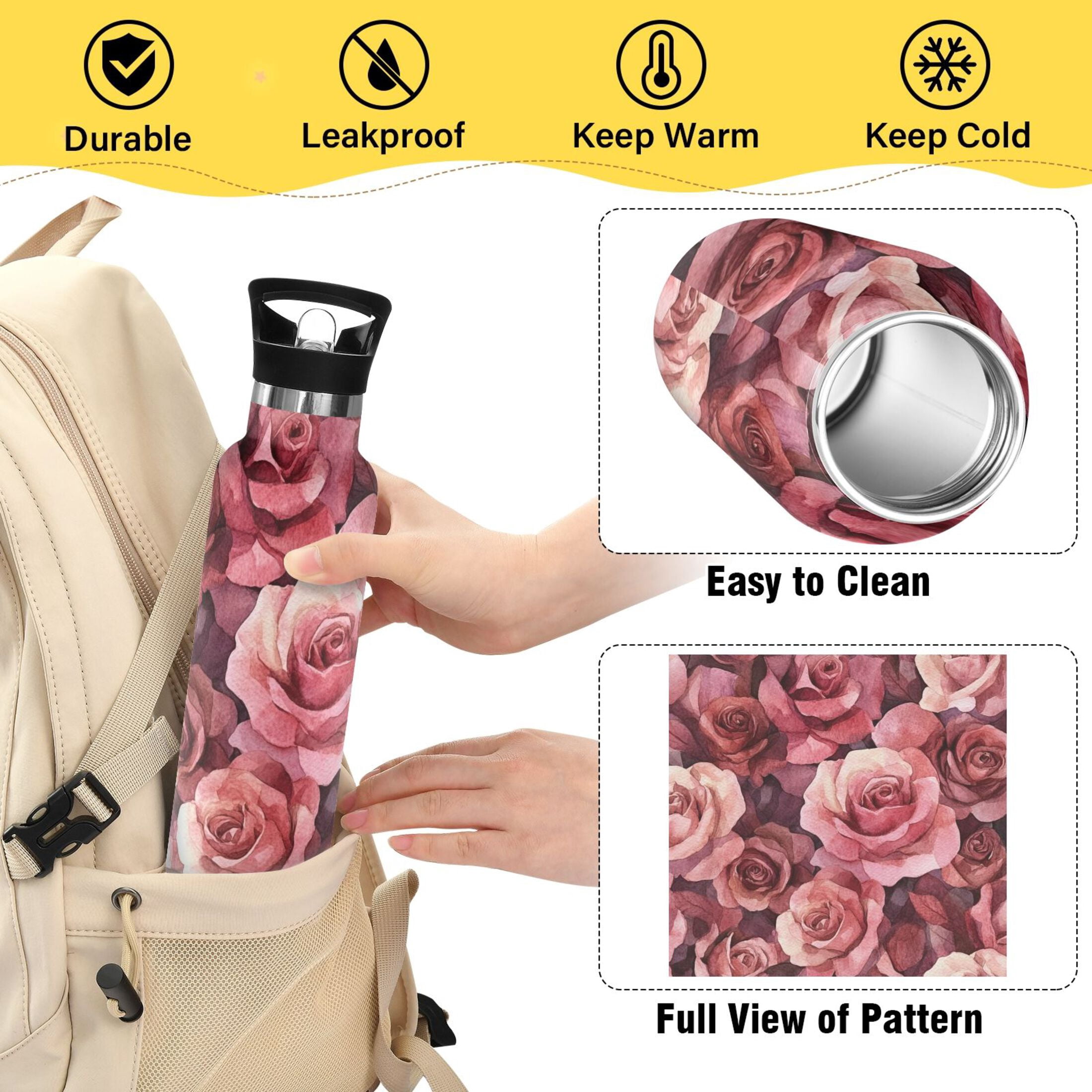 600ML Stainless Steel Insulated Cup Sports Water Bottle Portable Thermos Cup Water Glasses Insulated Tumblers Convenient and Durable Cartoon Maroon Roses