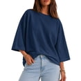 thumbnail image 6 of Yaruuzi 3/4 Length Sleeve Womens Tops Crewneck T Shirts Layering Tops Oversized Blouses Shirts for Women Pleated Shirts Fall Tops Boho Tops Light Weight Tops Athletic Tops Blue L, 6 of 9