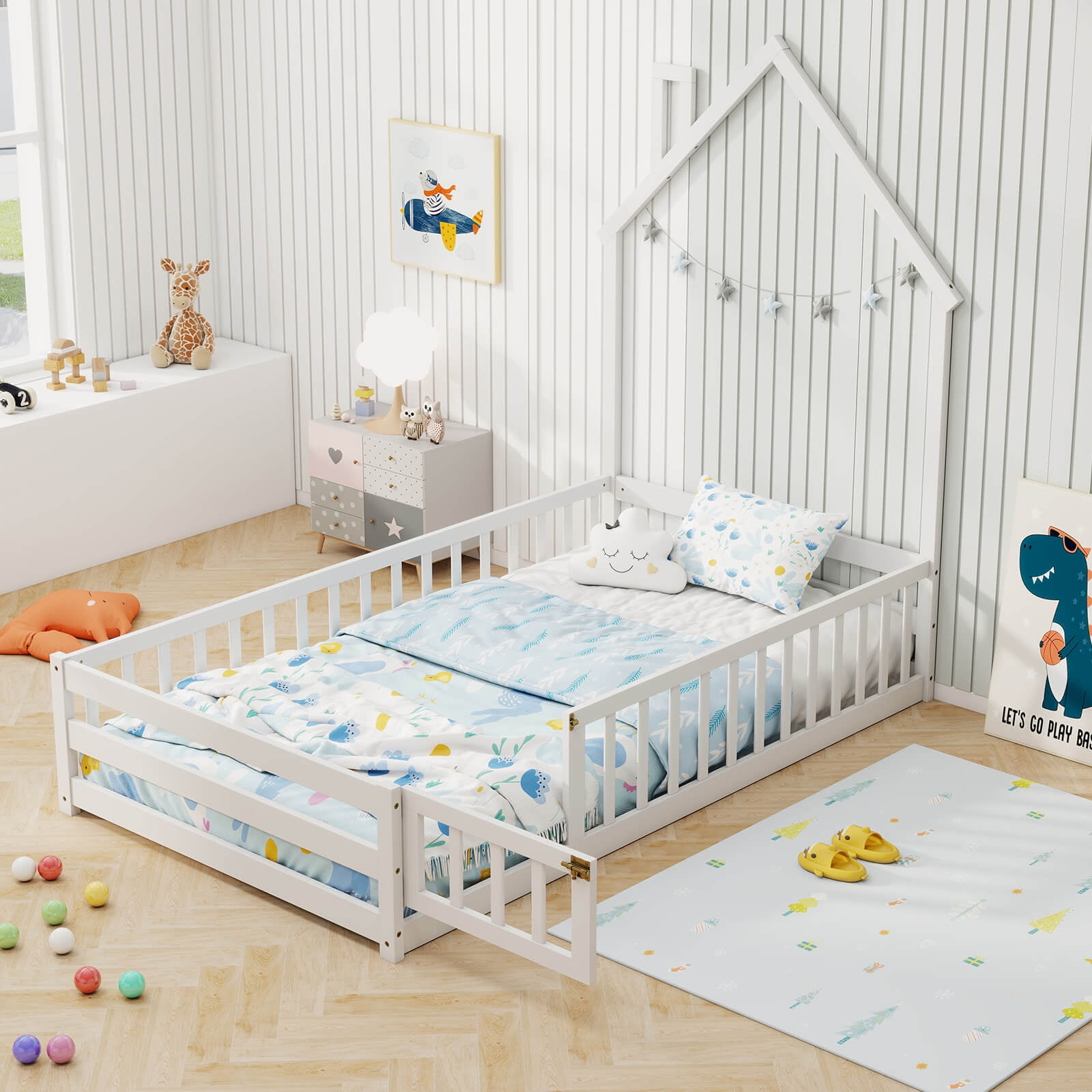 Costway Twin Size Montessori Floor Bed for Toddler with Lockable Door Full-Length Guardrail White