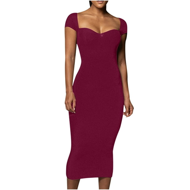 Womens Summer Ribbed Bodycon Midi Dress Solid Sexy Cap Sleeves