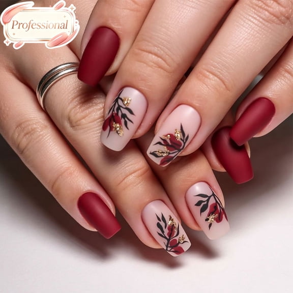 24Pcs Matte Burgundy Press On Nails Medium Coffin, Full Cover Fake Nails, Reusable Acrylic Stick On False Nail Tips for Women Girls Office Date Party Daily Wear DIY Home Manicure Art Gift