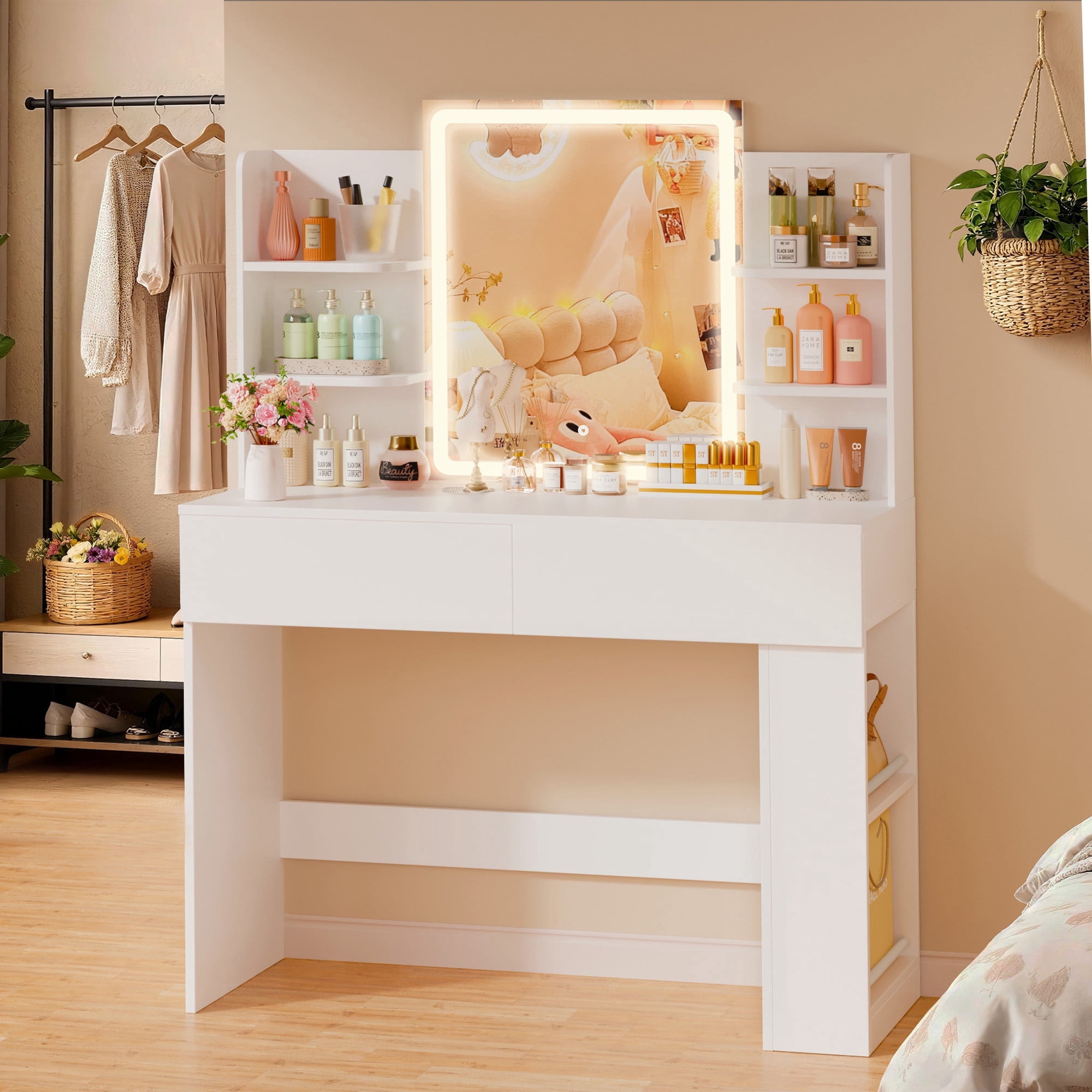Homall Vanity Desk with 3 Colors LED Lighted Mirror, Makeup Vanity with Storage Shelves and Drawers, Vanity Table Dressing Table for Bedroom, White