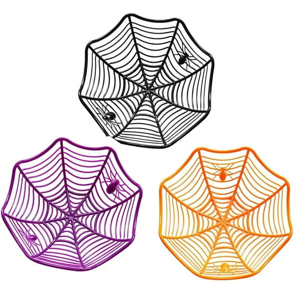 3Pcs Halloween Candy Bowl - Spider Web Plastic Basket Bowl for Haunted House Party Favors, Indoor Decor for Day of the Dead - Black, Orange and Purple