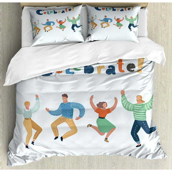 Celebrate Duvet Cover Set King Size, Calligraphy with Happy Humans Jumping up and down Friendship Joyous Moments, Decorative 3 Piece Bedding Set with 2 Pillow Shams, Multicolor, by Ambesonne