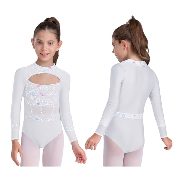 iiniim Girls Glitter Rhythmic Gymnastics Long Sleeve Ballet Dance Leotard with Back Zipper Ballroom Dancewear White 8