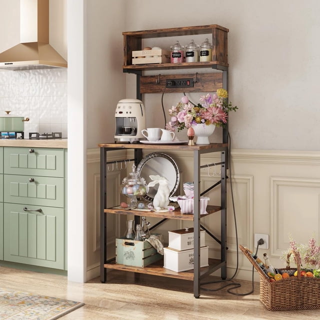 Estante para Cocina de 5 Niveles, Estantes Organizadores con Enchufes y 6 Ganchos,Estante de Microondas, Mueble Multiusos de Cocina, Sala, Oficina, Industrial, café rústico y Negro