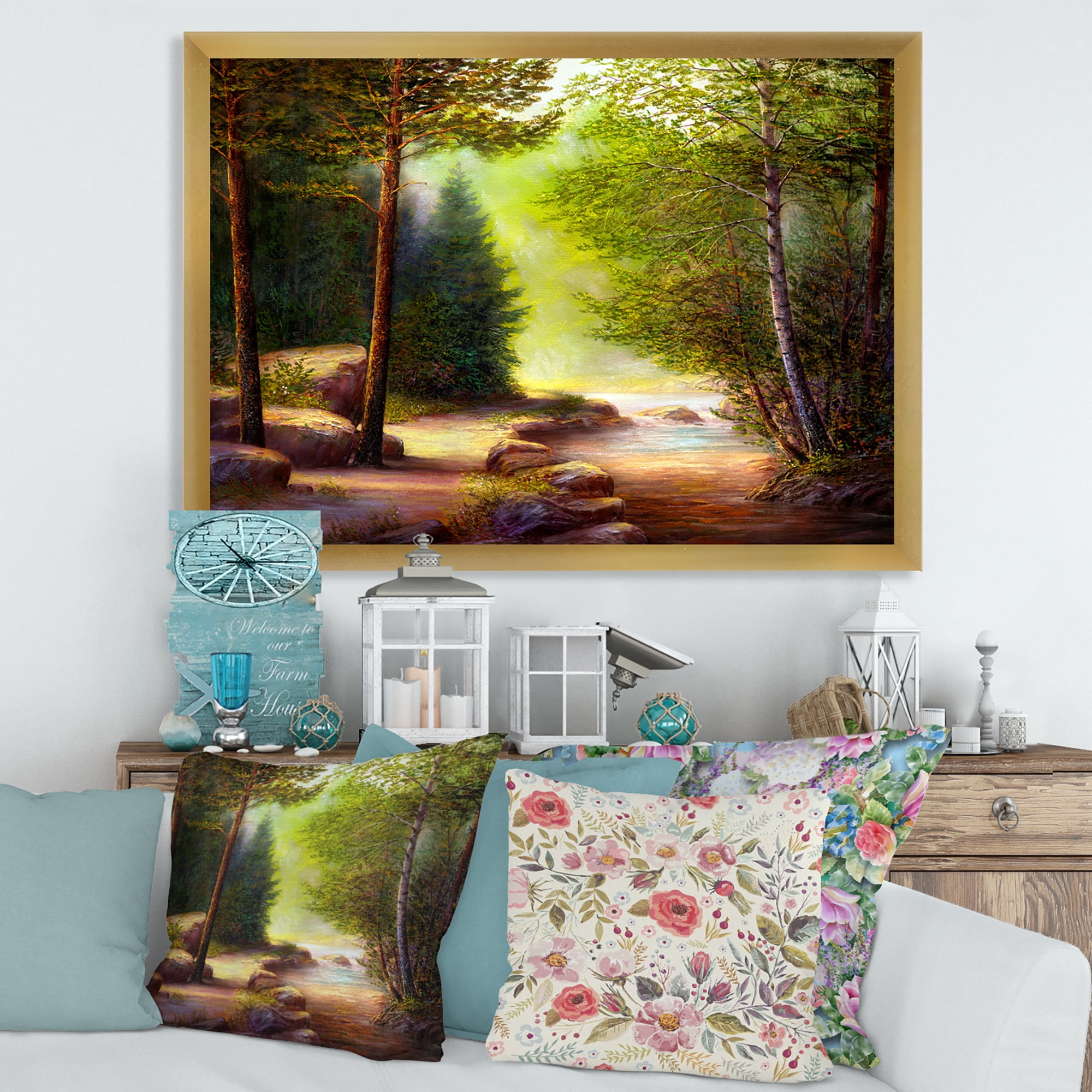 Designart 'Sunrise Glow Through The Spring Trees' Lake House Framed Art Print