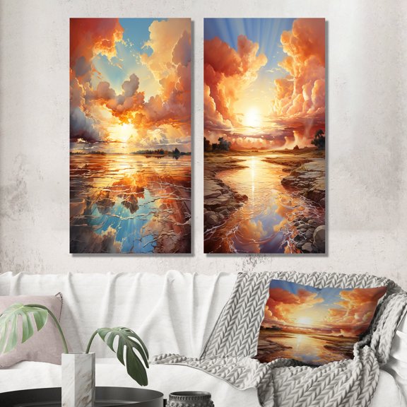 Designart "Coastal Horizon Clouds V" Clouds Wall Art Set Of 2 - Peach Landscapes Canvas Set For Living Room Decor