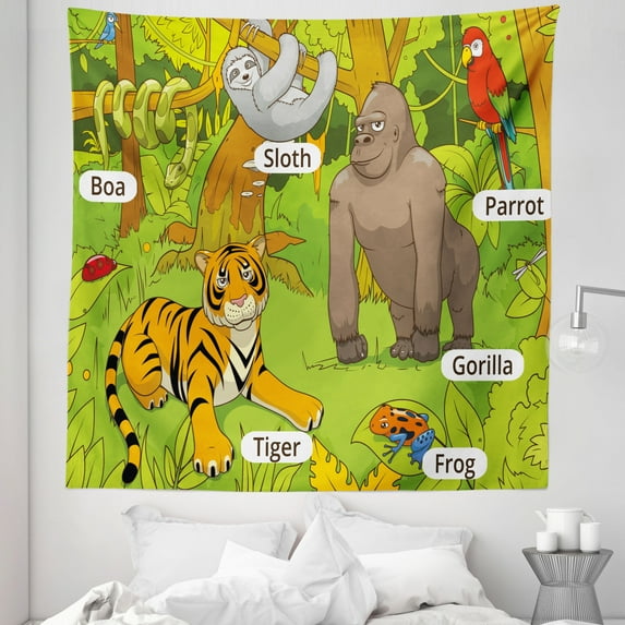 Science Tapestry, Jungle Animals Colorful Funny Hand Drawn Style Zoo Nature Tropical Wildlife, Fabric Wall Hanging Decor for Bedroom Living Room Dorm, 5 Sizes, Multicolor, by Ambesonne
