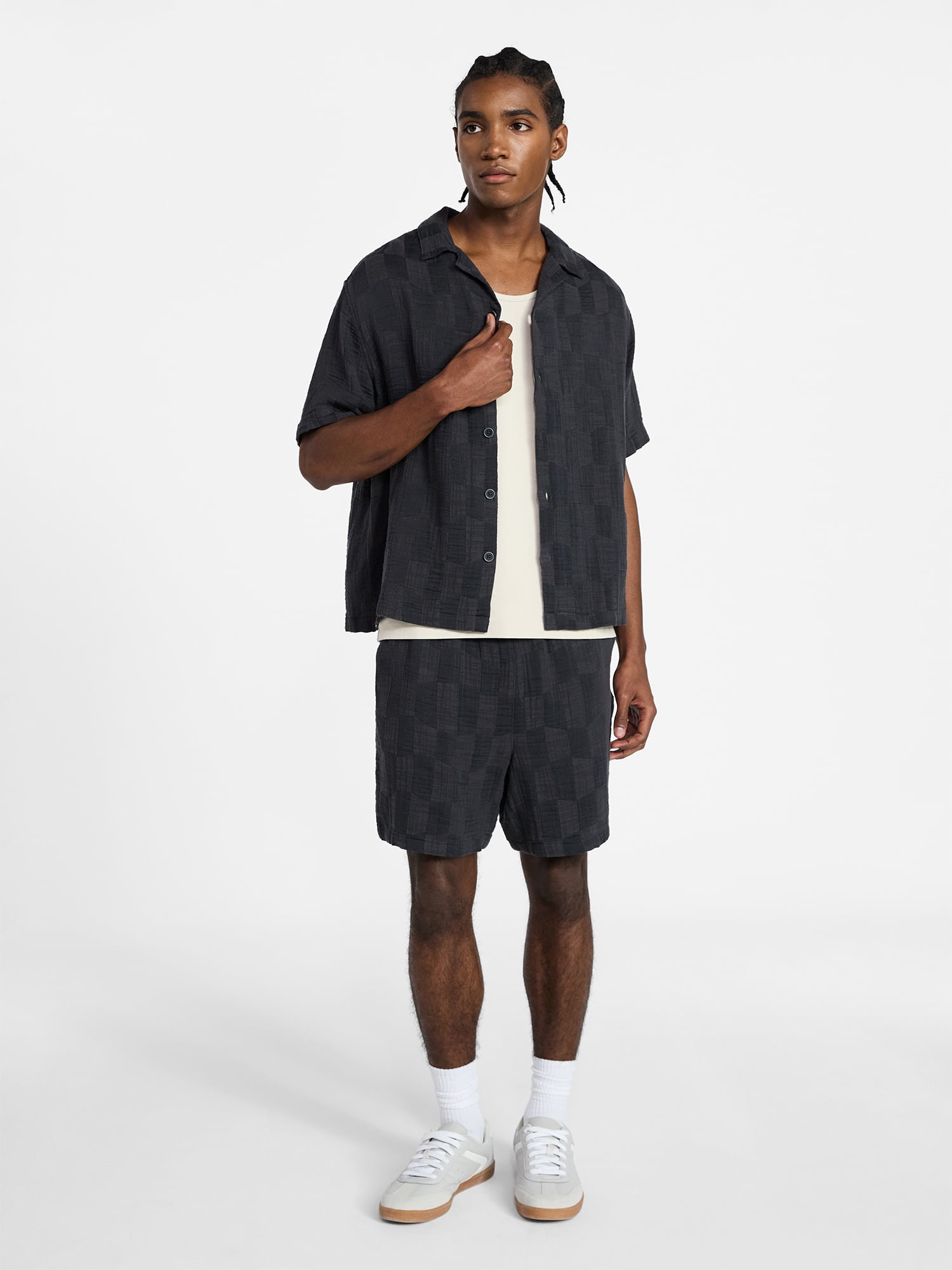 No Boundaries Check Gauze Shirt with Short Sleeves, Men's XS-5XL