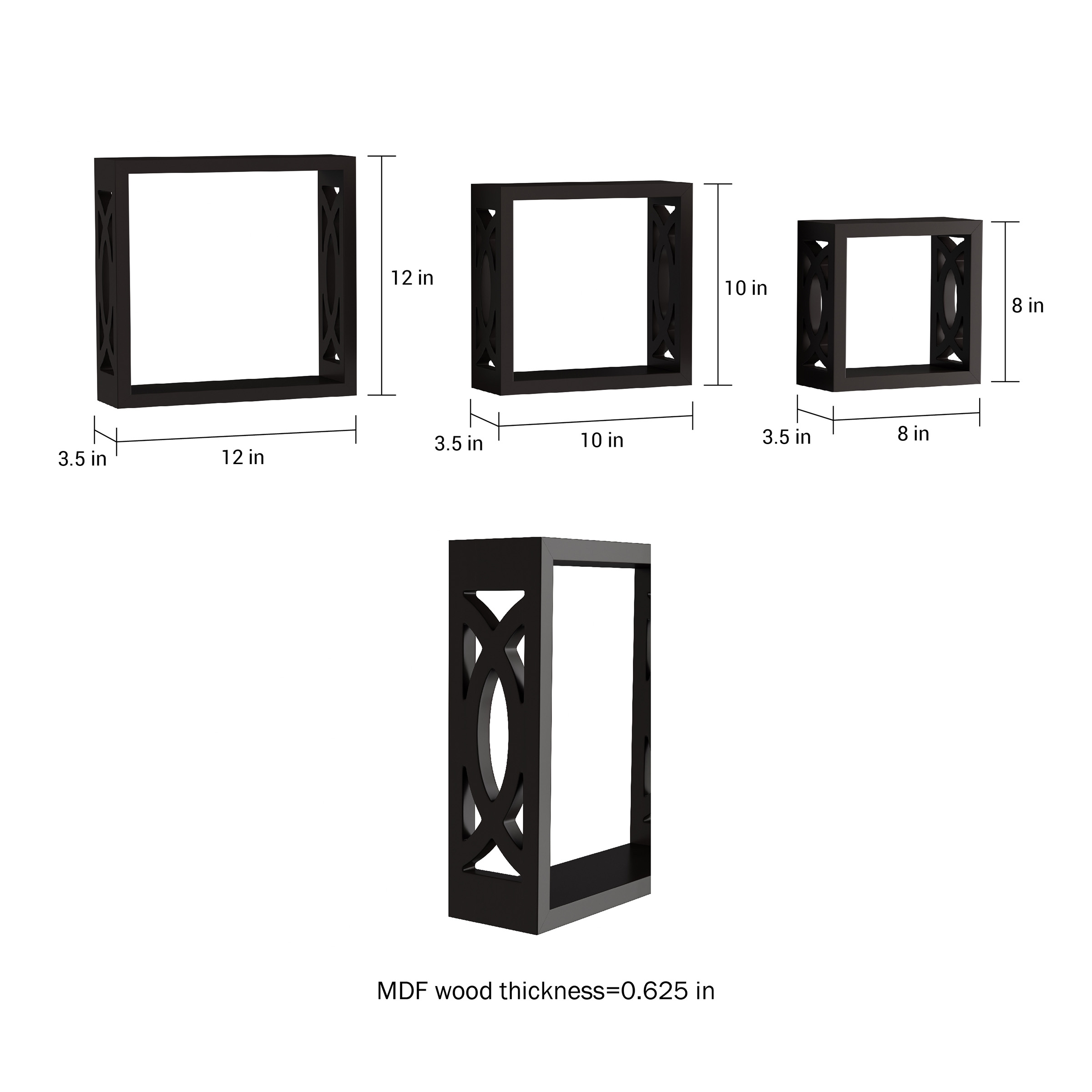 Floating Shelves- Open Cube Wall Shelf Set with Hidden Brackets, 3 Sizes to Display Decor, Photos, More- Hardware Included by Lavish Home (Black)