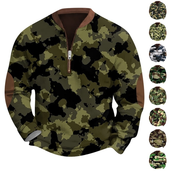 Men's Fashion Casual Camouflage Quarter-Zip Neck Sweatshirt, Loose Fit Long Sleeve Pullover, Fall Spring Military Style Top,Army Green,2XL