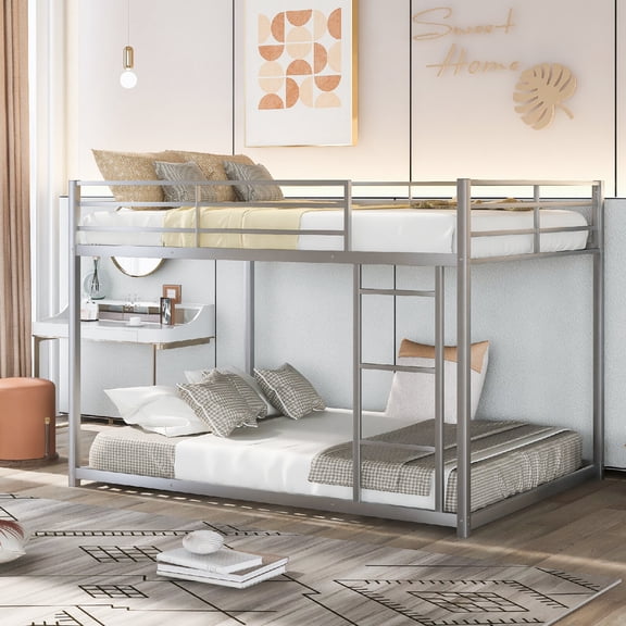 Full Over Full Bunk Bed Frame, Metal Low Profile Bunk Bed with Raised Security Fence and Ladder for Bedroom, Apartment, Dorm, Mattress Not Included, No Box Spring Required, Silver