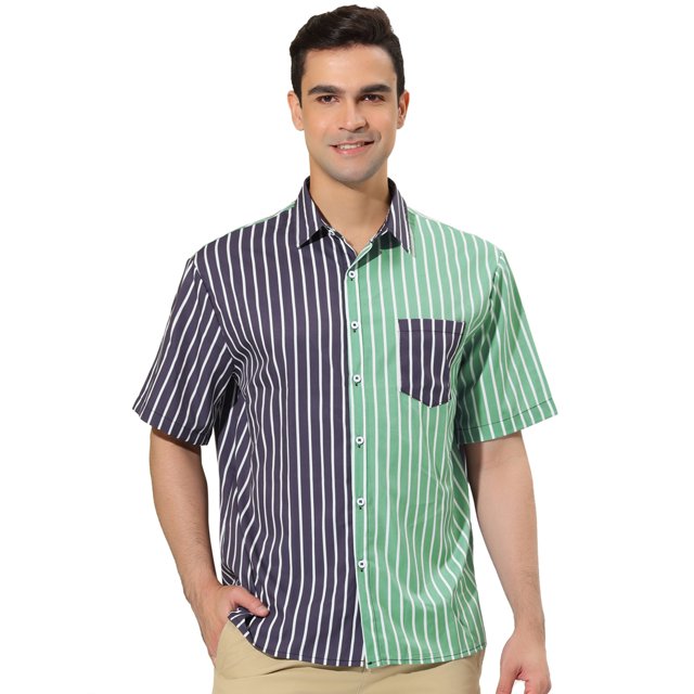 Unique Bargains Men's Shirts Short Sleeve Summer Cotton Patchwork Button Down Shirts Navy Green M