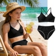 thumbnail image 2 of Huowey Children Girls Bikini Swimsuits 2 Piece Bikini Sets Cross Strap Ruched Floral Print Hollow Out Tops Solid Color High Waist Bottomd Sport Soft Swimwear Sets,Black,15-16 Years, 2 of 6